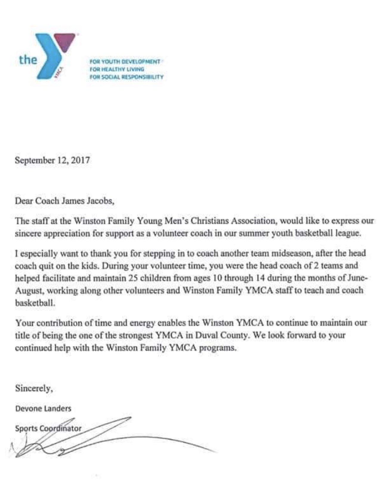 2017 appreciation letter from the Winston Family YMCA thanking Coach James Jacobs for volunteering as head coach of two youth basketball teams